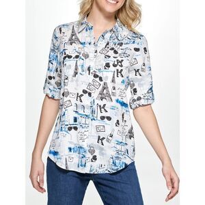KARL LAGERFELD PARIS Printed Long Roll-Tab Sleeve Collared Button Up Top Small